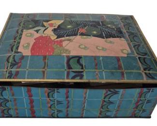1290 - Art Deco Metal Box Full of Vintage Postcards (Description): Vintage metal account box designed for  storing post cards, featuring colorful Art  Deco style decoration. The lid displays a  charming scene of a woman in a red dress  against a blue tiled pattern with decorative floral and geometric motifs throughout.The  box shows age-appropriate wear consistent  with its vintage character. Measures 4" x 11"  x 8". Also included is an assortment of  vintage postcards.