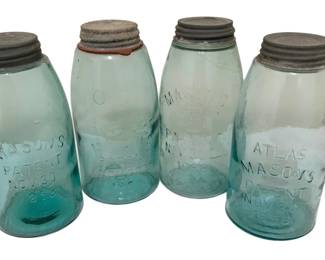 1625 - 4 Vintage Blue Mason Jars w/ Lids - 9" Tall