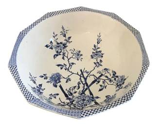 1346 - Blue & White Transferware Bowl 5"x16" (Description): Blue and white transferware bowl featuring an  attractive Aesthetic Movement style floral  design with flowering branches. The bowl has  a distinctive octagonal shape with a  geometric crosshatch pattern border.