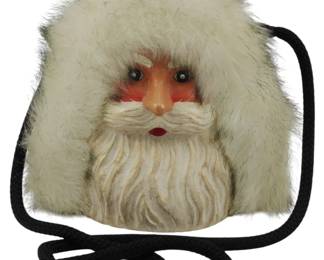 1802 - Vtg Timmy Woods Santa Face Novelty Bag (Description): Vintage Timmy Woods Santa face novelty bag  featuring a whimsical Santa Claus design.  This collectible handbag measures 8 inches by  4 inches by 8 inches.