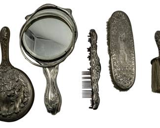 747 - 5 Assorted Unmarked Metal Beauty Items (Description): A collection of five assorted unmarked metal  beauty items. Two of the pieces are broken.  The group includes various vanity accessories  with decorative metalwork.