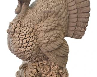 3807 - Decorative Large Foam Turkey Figure (Description): Approximate 24" tall foam turkey figure with  a textured, crackled finish in neutral tan  and beige tones. The sculptural piece depicts  a turkey in a proud stance with fanned tail  feathers, detailed feather texturing throughout the body, and a naturalistic pose.  Suitable for seasonal or harvest-themed  decor.
