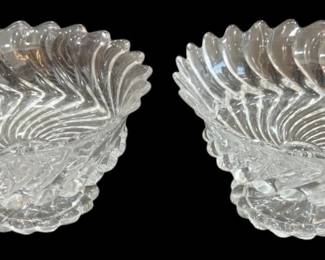 1254 - 2 Fostoria Colony Swirl Glass Pedestal Bowls (Description): Pair of Fostoria glass bowls featuring an  elegant swirling pattern with scalloped  edges. The pressed glass design creates a  beautiful spiral motif radiating from the  center. Each bowl measures 10 inches by 6 inches.