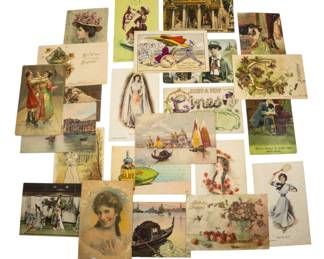 837 - Assorted Vintage Postcards (Description): A collection of assorted vintage postcards  featuring a variety of subjects and artistic  styles. The postcards display scenes and  imagery typical of early 20th century  correspondence, including portraits, landscapes, and decorative designs.
