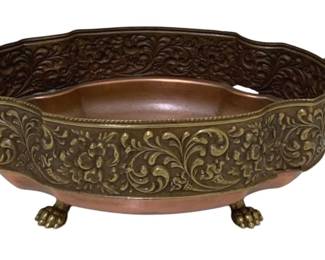 1021 - Brass & Copper Paw Footed Ferner (Description): intricate relief work around top & molded  handles, 5 x 13.5 x 7