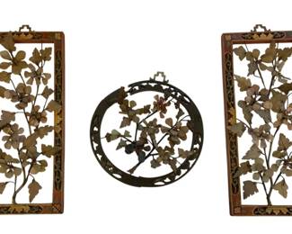 1156 - Set of 3 Chinese Soapstone Panels (Description): Featuring decorative floral and foliate  designs. The collection includes two  rectangular framed panels and one circular  piece, each showcasing intricate botanical  motifs. Largest measures 13.5" x 6".