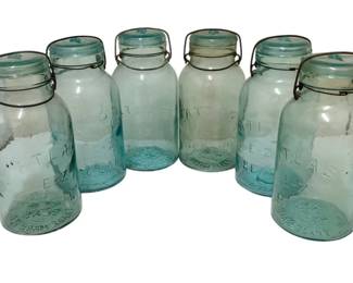 1627 - 6 Vintage Blue Glass Ball Canning Jars - 10" Tall