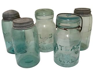 1628 - 5 Vintage Blue Glass Ball Mason Jars - 7" Tall