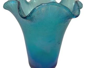 406 - Blue Stretch Glass Vase Flared Top 6" (Description): Blue stretch glass vase featuring a  beautifully flared ruffled top. The  iridescent glass displays a vibrant aqua blue  color with subtle variations throughout.  Measures 6 inches in height.