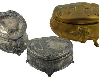 1734 - 3 Vintage Jewelry Boxes (Description): A collection of three vintage jewelry boxes.  The group includes varied styles and designs,  offering decorative storage options for  jewelry and small keepsakes.