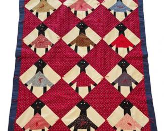 1296 - Vtg Handstitched Applique Doll Pattern Quilt (Description): Small vintage handstitched cloth quilt  featuring an applique pattern of stylized  doll figures arranged in a diagonal grid. The  quilt displays a red patterned fabric  background with cream-colored diamond shapes, each containing a figure dressed in various  calico print fabrics. The piece is finished  with a navy blue border binding and shows  some staining throughout. Red yarn ties are  visible at intervals for quilting. Measures