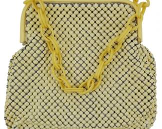 1962 - Vtg Whiting & Davis Celluloid Purse (Description): Vintage Whiting & Davis celluloid purse  featuring a beaded mesh body with a celluloid  frame and chain handle. Measures 8 1/2  inches by 8 inches.