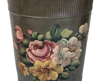 1283 - Vtg Hand-Painted Tole Metal Wastebasket (Description): Vintage hand-painted tole metal wastebasket  featuring a lovely floral bouquet design with  pink roses, white peonies, yellow daisies,  and green foliage against a gray-green  background. The cylindrical container has a ribbed decorative band around the rim. Shows  gentle patina consistent with age. Measures  14" x 10" x 8".