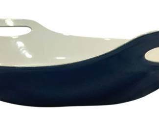 907 - Michael Lax for Copco Au Gratin Pan (Description): Cast iron au gratin dish with a cream-colored  enamel interior and blue enamel exterior  finish. Features two integrated loop handles  on either side for easy handling. The  oval-shaped dish measures 13 inches by 11 inches by 2 inches. Shows some wear to the  enamel consistent with age and use.