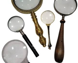 695 - Assorted Group Magnifying Glasses (Description): A collection of magnifying glasses in various  styles and materials.