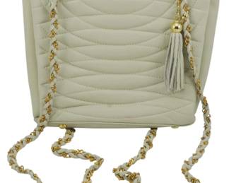 1815 - Vtg Giorgio Quilted Leather Chain Tote (Description): Vintage Giorgio quilted leather chain tote  featuring braided leather and chain straps  with tassel accent. Measures 8 inches by 9  inches by 2.5 inches.