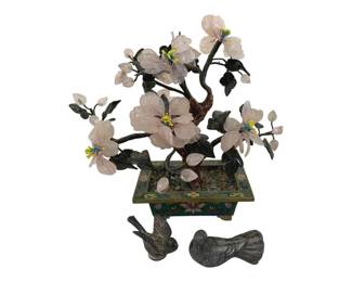 388 - Stone Bonsai Tree 7"x7" (Description): Stone bonsai tree featuring carved stone  flowers and leaves arranged in a decorative  planter. Measures 7 inches by 7 inches.