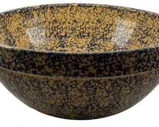 730 - Monumental Roseville Spongeware Bowl (Description): Monumental Roseville stoneware sponge bowl  featuring a classic spongeware pattern. This  impressive piece measures 7 inches tall by 16  inches in diameter.