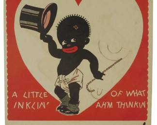 894 - Be Mah Valentine Postcard Vintage (Description): Vintage "Be Mah Valentine" postcard. This  early 20th century Valentine's Day postcard  features a red background with a heart-shaped  vignette and the phrase "A Little Inklin' of  What Ah'm Thinkin' Be Mah Valentine!" printed on the front. PublishedE. Rosen  Company, R.I. with added color printing.