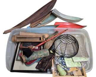 4153 - Box Lot w/ Misc MC Items (Description): A box lot containing miscellaneous  mid-century items. The assortment includes a  variety of decorative and functional pieces  from the period.