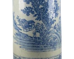 754 - Blue & White Chinese Cylinder Vase w/ Stand (Description): Blue and white Chinese cylinder vase with  stand. The vase measures 16.5 inches in  height.