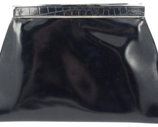 1836 - Vtg Perry Ellis Patent Leather Clutch (Description): Vintage Perry Ellis patent leather clutch  showing wear. Measures 7 inches by 10 inches  by 1.5 inches.