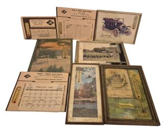 2732 - Group Vintage Advertising Thermometers (Description): Group of vintage advertising items including  wall thermometers and promotional calendars.  The collection features Virginia Farm Bureau  Insurance Services pieces from agents Theron  V. Sanders and William E. Wells Jr., with various calendar years including 1986.  Several items display scenic landscape  imagery, an antique automobile illustration,  and pastoral scenes. The group includes both  framed and unframed examples with attached