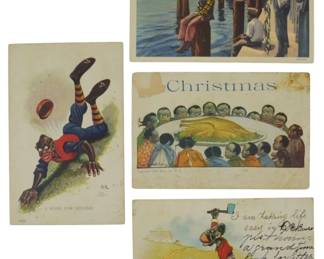 895 - Black Americana Postcards Vintage (Description): A collection of four vintage Black Americana  postcards. These postcards feature various  illustrated scenes and subjects  characteristic of the Black Americana genre  from the early twentieth century.
