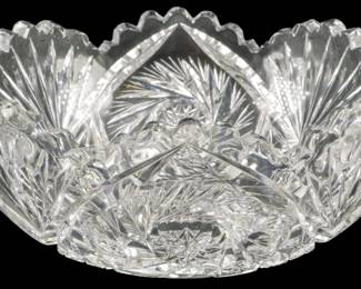 137 - American Brilliant Cut Glass Bowl 3"x8" (Description): American Brilliant cut glass bowl featuring  intricate cut patterns. Measures 3 inches  tall by 8 inches in diameter.