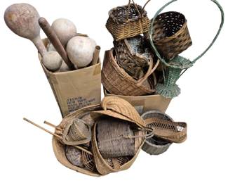 4148 - Group Lot of Baskets & More (Description): A group lot of baskets and more. This  assorted collection includes various woven  baskets in different styles and sizes, along  with additional decorative items.
