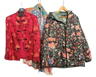 2235 - 3 Assorted Jackets (Description): Peruvian Connection - hooded, size m Johnny Was, size m Jacket w/ Chinese Style Closures