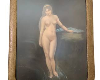 1332 - Vintage Nude Artwork in Frame 18.5"x23" (Description): Framed antique artwork featuring a classical  figure study. The piece is presented in an  ornate gilt frame with rounded corners.