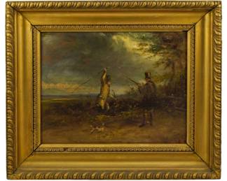 183 - Oil on Board Hunting Scene Painting 11"x13" (Description): Oil on board painting depicting a hunting  scene, presented in a gilded frame. The  composition shows figures engaged in a hunt  with dogs in a landscape setting under a  dramatic sky. Measures 11 inches by 13 inches.