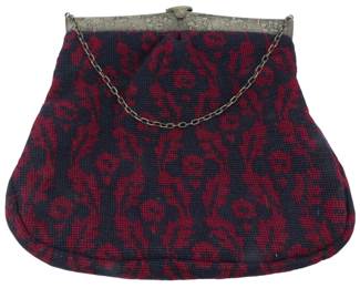 1806 - Vtg Needlepoint Petit Point Purse 12"x13" (Description): Vintage needlepoint petit point purse  featuring an ornate frame with chain handle.  Measures 12 inches by 13 inches.