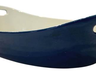 906 - Michael Lax for Copco Casserole Pan (Description): Heavy blue enameled cast iron Casserole pan  with white enamel interior. Features two  integrated side handles for easy handling.  Measures 17 inches by 14 inches by 4 inches.
