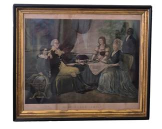 1258 - Washington Family Colored Engraving (Description): A classic American historical scene showing  George Washington seated at a table with  Martha Washington and family members. The  hand-colored engraving is housed in a period  gilt and ebonized wood frame. The piece is titled 'Washington Family' at the bottom of  the image. Measures 24 inches by 29 inches.