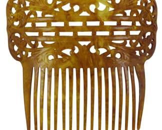 1722 - Vintage Tortoise Shell Haircomb 4"x4.5" (Description): Vintage tortoise shell haircomb featuring an  ornate openwork design on the decorative  crown. Measures 4 inches by 4.5 inches.