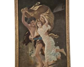 3713 - Framed Tapestry Classical Scene 54"x29.5" (Description): Framed tapestry featuring a classical  romantic scene depicting figures in flowing  garments, reminiscent of Pierre-Auguste Cot's  "The Storm." The composition shows a young  couple in motion, with the woman in a white draped gown and the man in rustic attire,  both holding billowing fabric above them  against a dark atmospheric background.  Presented in an ornate gilt wood frame with  decorative carved crest at top featuring