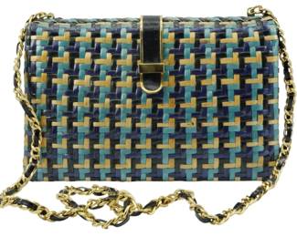 1798 - Vtg Koret Woven Clutch Purse w/ Chain (Description): Vintage Koret woven clutch purse with chain  strap. The bag features a woven construction  in a colorful pattern with gold-tone hardware  closure and chain. Measures 6 inches by 9  inches by 2.5 inches.
