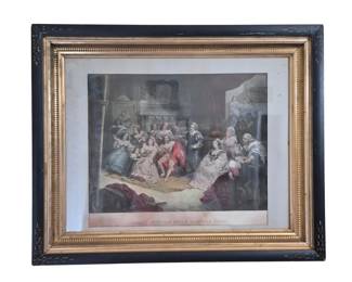 1257 - Colored Engraving Charles I & Van Dyck 26x32 (Description): Vintage framed engraving titled "Charles 1st  et Van Dyck à Hampton Court" depicting a  courtly scene with elegantly dressed figures  in 17th century attire. The hand-colored  engraving shows Van Dyck presenting his work to King Charles I surrounded by members of  the court. Presented in a period-appropriate  frame featuring a black outer border with  incised decoration and an inner gilt molding  with beaded detail. Measures 26" x 32"