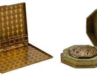 741 - 2 Vintage Compacts (Description): Two vintage compacts. One features a  rectangular design with an interior quilted  pattern and holder rings. The other is an  octagonal compact with decorative lid,  presented in an octagonal presentation box.