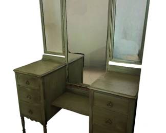 3715 - Painted Drop Center Vanity 66"x46"x16" (Description): Vanity featuring a painted finish with  distressed patina. The piece includes two  side drawer sections, each with three drawers  fitted with decorative metal pulls,  connected by a center bench section with a low back. The vanity stands on turned legs  and included triple mirror.