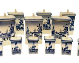 648 - Czechoslovakia Blue & White 15pc Canister Set (Description): A blue and white ceramic set consisting of 15  pieces. The collection includes various  canisters and containers decorated in a  coordinating blue and white pattern.