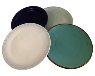 594 - 4 Ceramic Trays in Assorted Colors 2-12" (Description): Set of four ceramic trays in assorted colors  including white with Greek key border, navy  blue, seafoam green with brown rim, and pale  green. Two trays measure 12 inches and two  measure 13.5 inches.