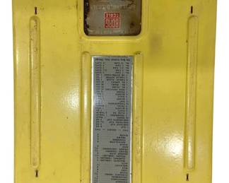 1235 - Vtg Borg Yellow Bathroom Scale w/ Dial Lock (Description): Vintage Borg bathroom scale featuring a  yellow enameled top with visible dial display  and white base. The scale includes a dial  lock mechanism with on/off switch on the  front. Shows age-appropriate wear and patina. Measures 8 x 10 x 2 Used as is electric/electronic/mechanical  item. No guarantee all components, untested.