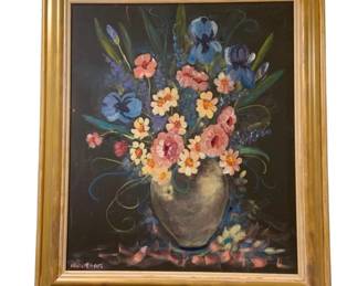 1179 - Oil on Board Floral Still Life Signed 30"x25" (Description): An oil on board painting depicting a floral  still life arrangement. The piece is signed  by the artist in the lower left corner.  Presented in a gilt wood frame. Measures 30  inches by 25 inches.
