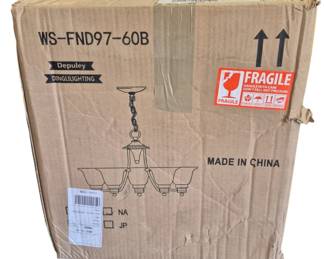 2833 - Depuley Dinglilighting 5-Light Chandelier (Description): Depuley Dinglilighting chandelier, model  WS-FND97-60B, new in original box. The  fixture features a 5-light design with  upward-facing shades suspended from a  decorative chain. Made in China. Used as is electric/electronic/mechanical  item. No guarantee all components, untested.