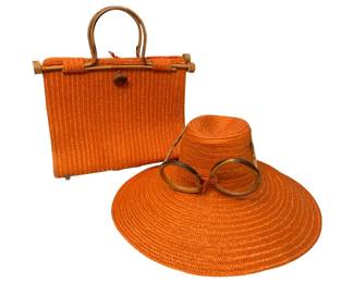 2208 - Vtg Matching Straw Hat & Bag by Miller & Rhoads (Description): made in Italy