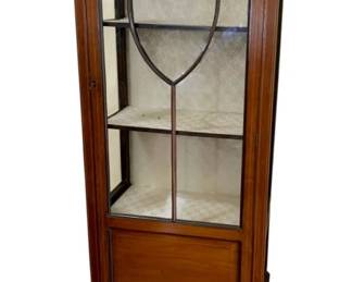 234 - English Inlaid Curio Cabinet, spade feet, brocade (Description): interior w/ key 66 x 22 x 13