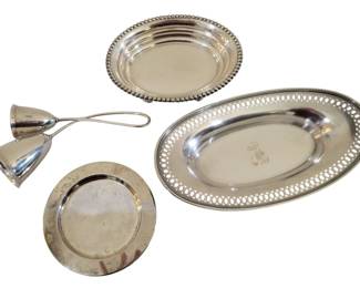 437 - Group of Silver Plated Tableware Items (Description): Including an oval bread tray with pierced  border and monogram, a round dish with beaded  edge, a small plain round tray, and a candle  snuffer with scissor-style handle.